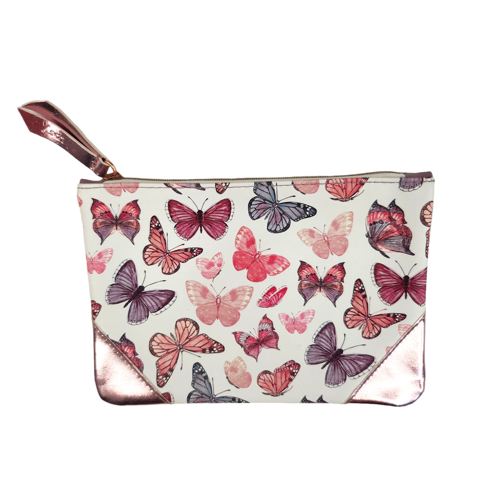 Ipsy Bag White Purple Metallic Foil Holographic Butterfly Cosmetic Small Clutch